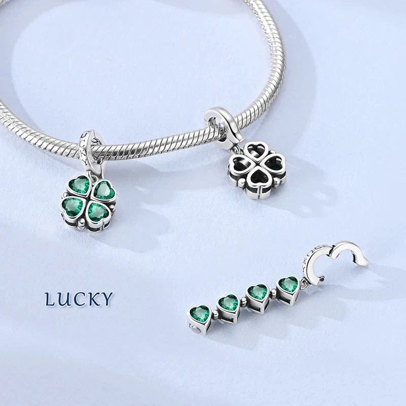Green Lucky Wishes Four Leaf Clover Dangle Charm Beads Fits 3mm Bracelets Bangle Necklace For Women Pendant Luxury DIY Jewelry