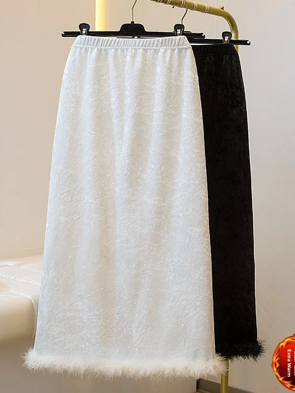 

plus Size Women's Velvet A-Line Skirt with Elastic Waist Autumn Winter Faionable Loose Fit High Waist Fce Lined Midi Skirt