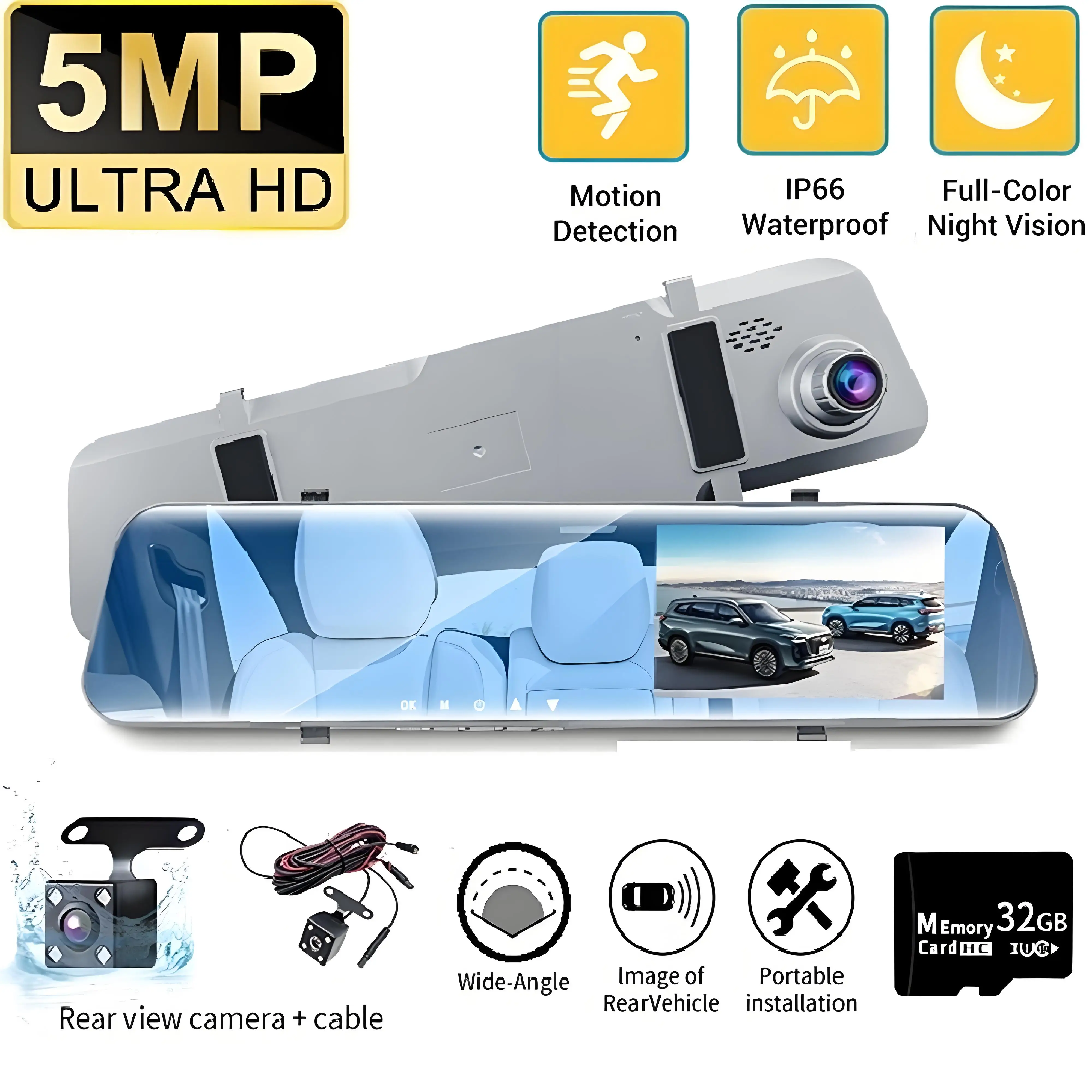 5MP Dash Cam Car Optional Dual Lens Night Vision 12In DVR Rearview Mirror Dash Camera Video Recorder Auto Wide-angle Camera
