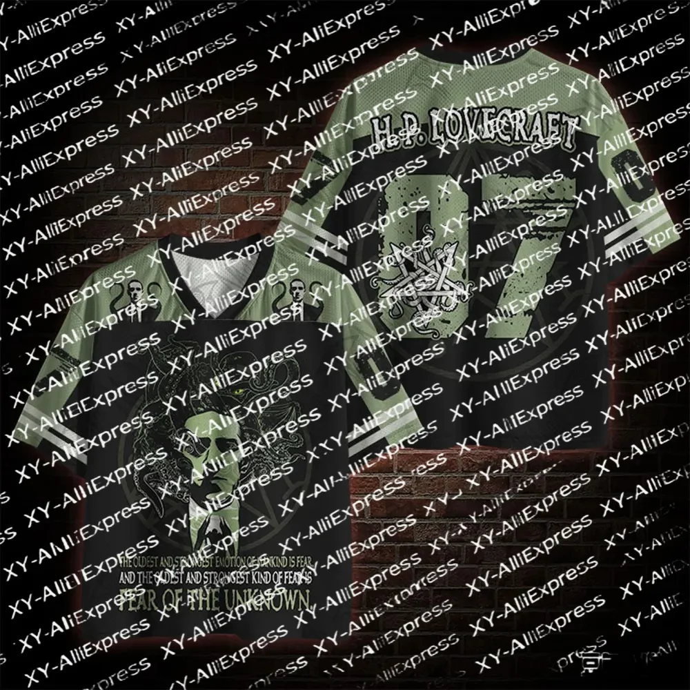 Men V-Neck Mesh Short Sleeve Jersey, Green Black Cosmic Horror Number 07 Graphic, Lightweight Mesh Top Dark Aesthetic Gathering