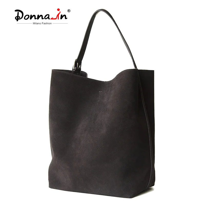 Donna-in Natural Suede Casual Tote Bag Plus Size Genuine Cowhide Bucket Bag With Adjustable Shoulder Strap