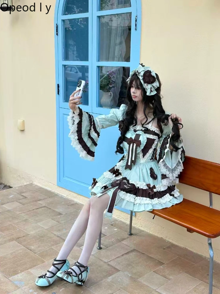 

Mint Chocolate Girl Lolita Dress ISK Ji Sleeve Vest Two Piece Sets Sweet Girls Women Lolita Gorgeous Elegant Princess Dress Sets