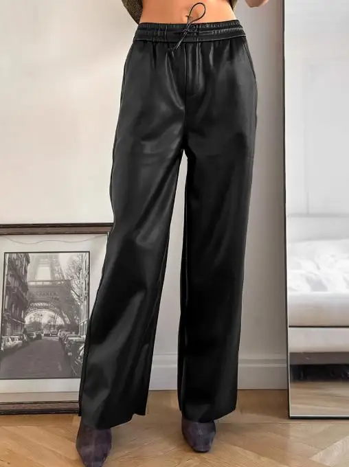 

Women's Pants Autumn Winter Fashion Sexy Temperament Gray Velvet Matte Leather Pants Retro High-End High Waisted Casual Pants