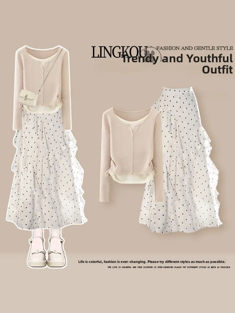 Sweet Style Early Autumn T-Shirt Skirt Set Women's High Waist A-Line Polka Dot Uneven Hemline Elegant Korean Fashion Ensemble