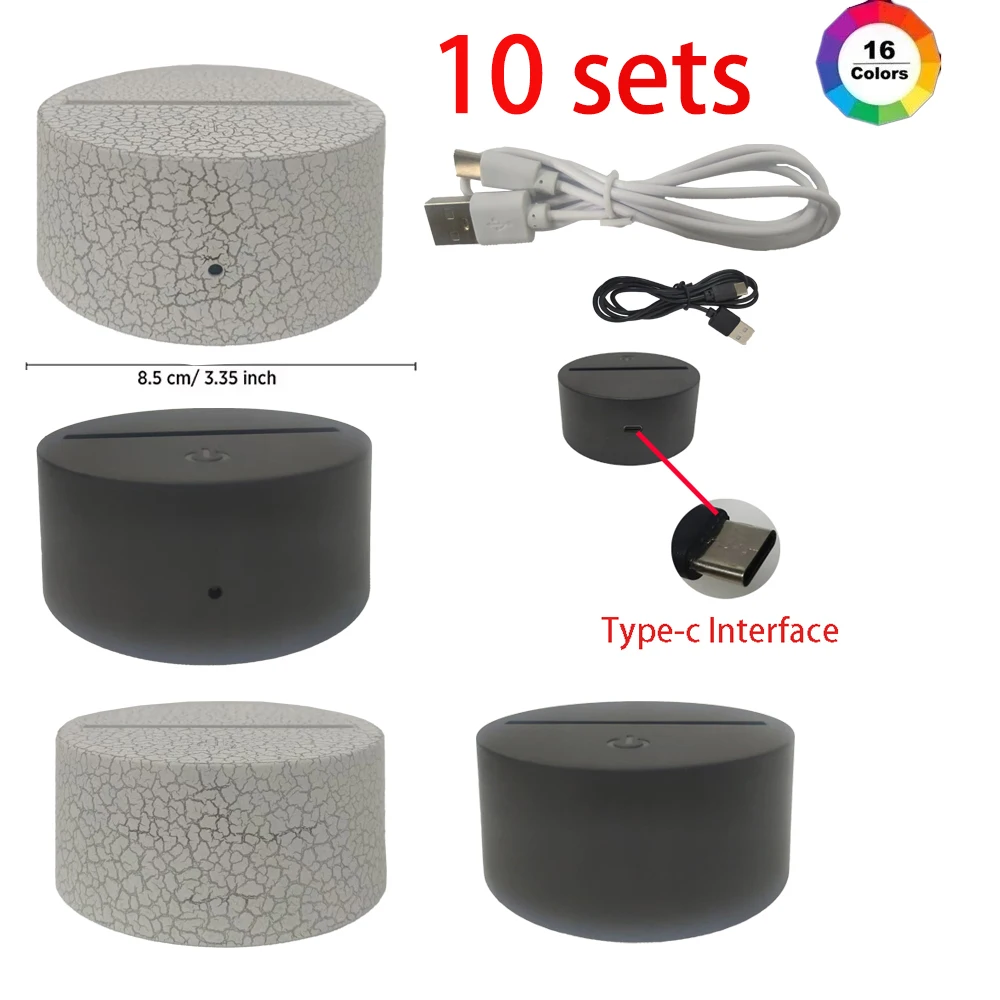 10 قطعة ثلاثية الأبعاد ليلة LED ضوء قاعدة مصابيح 7 اللون الزخرفية ضوء عرض موقف حامل مع كابل من النوع c لزجاج الراتنج الاكريليك