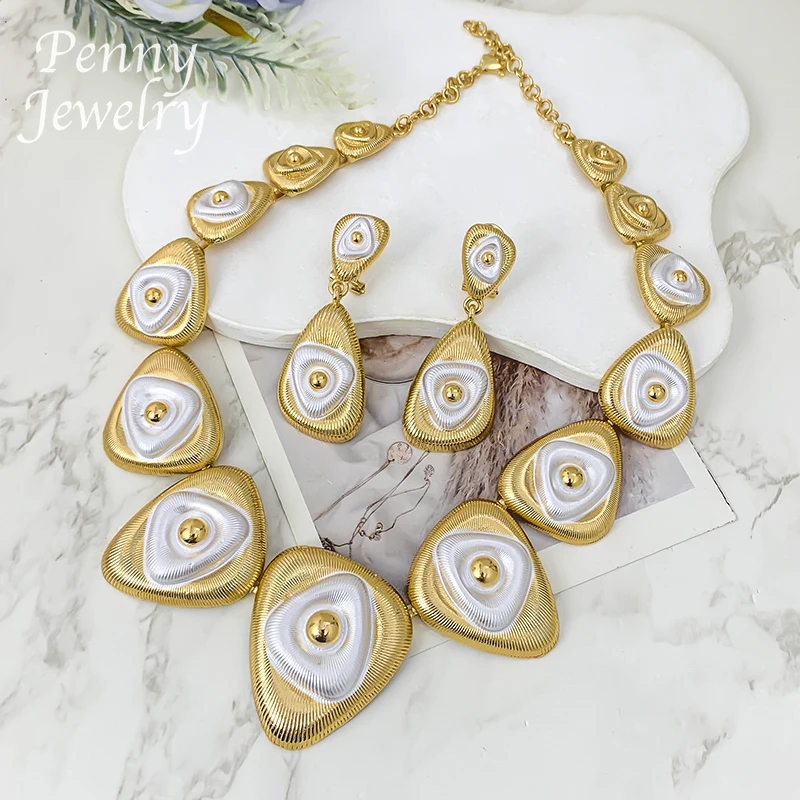 Triangle Linked Collar Necklace Earrings Bracelet Ring Chunky Choker 18K Gold Plated Jewelry Set Bridal Wedding Party Gifts