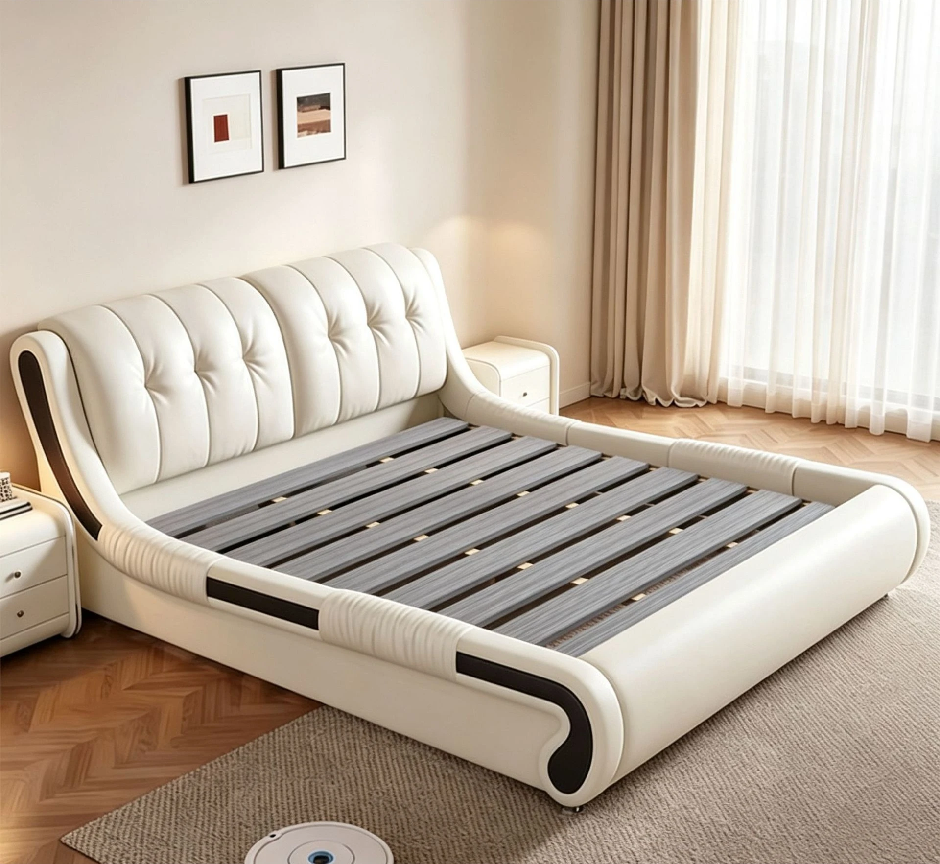 Italian light luxury white leather art bed, wrapped curved bedside, household large-capacity storage double solid wood bed