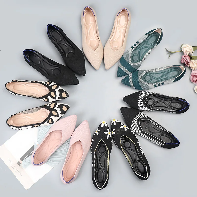 Ademende Polyester Schoenen Vrouwen Lente Flats Puntige Neus Ballerina Dames Stretch Gebreide Loafers Dagelijks Jurk Comfortabel