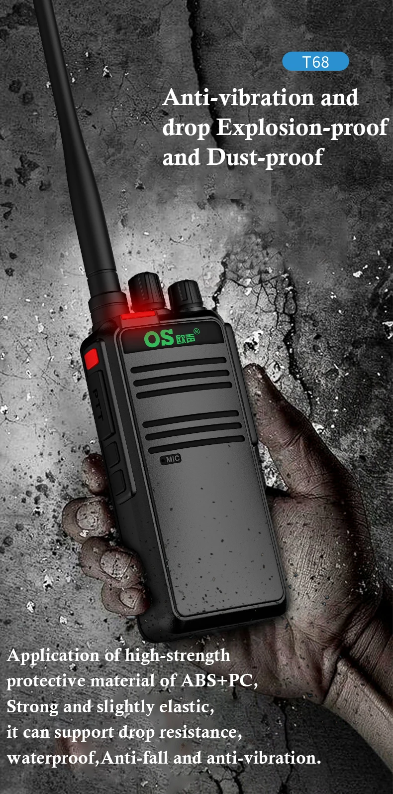 IP67 مقاوم للماء مقاوم للانفجار لاسلكي تخاطب OS-FT68 UHF 10 واط طويلة المدى فائقة الاستعداد اتجاهين راديو للمصنع الكيميائي