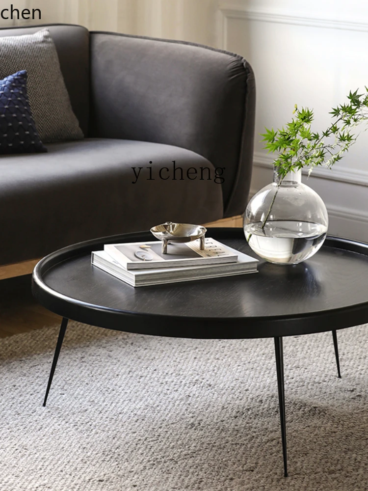 YFY  Round Oak Combined Tea Table Side Table Modern Minimalist Black Silent Style Natural Color Tea Table