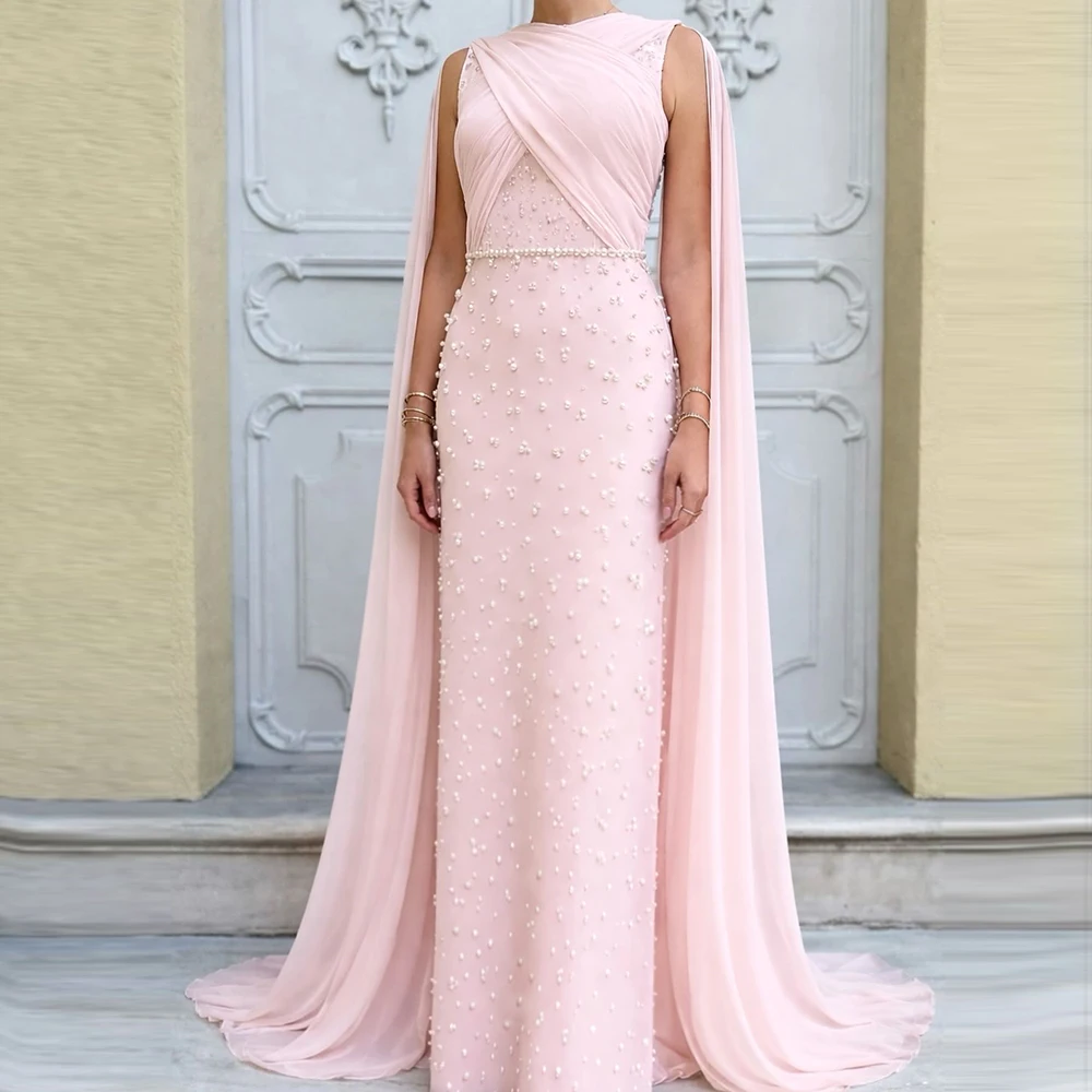 

Индивидуальные вечерние платья с жемчугом, короткими рукавами, блестящим круглым вырезом, длинные роскошные платья-колонны для вечеринок и выпускных, на заказ для женщин