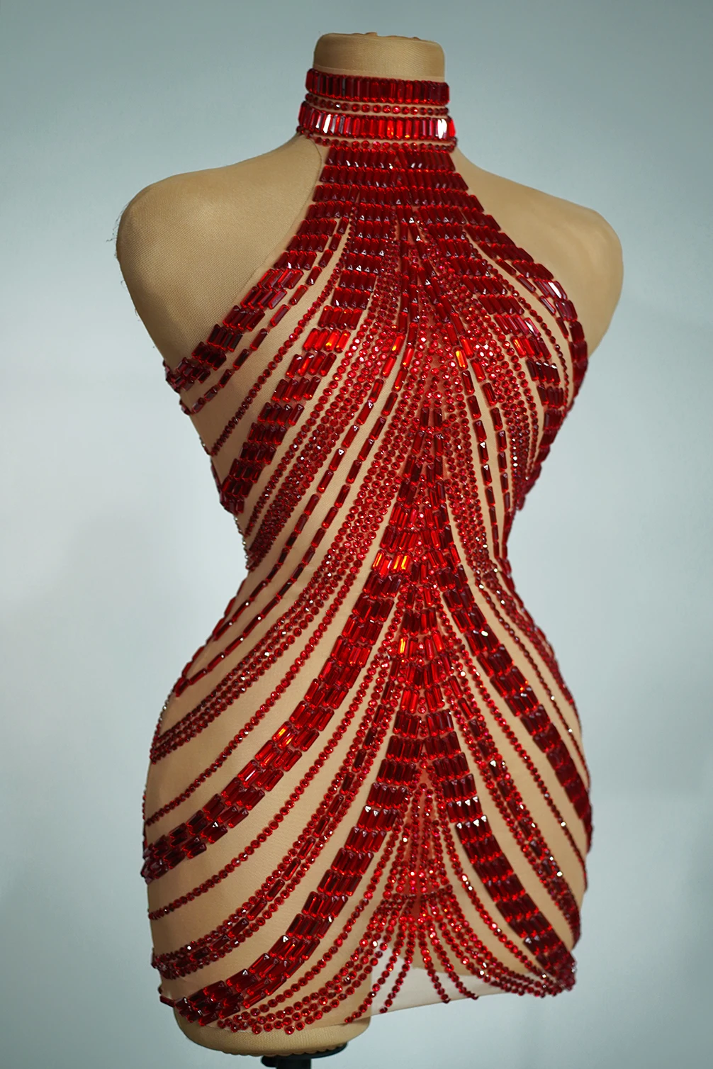 

Shiny Red Rhinestone Sleeveless Short Skirt Sexy Seethrough Party Birthday Celebration Dress Photography Costume Stage Costume