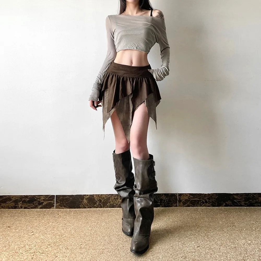 SylCue مثير موضة التنانير الصغيرة امرأة مرونة الخصر غير النظامية المرقعة هيم الساخن الفتيات شارع العليا نمط قيعان الموضة الأنيقة #6