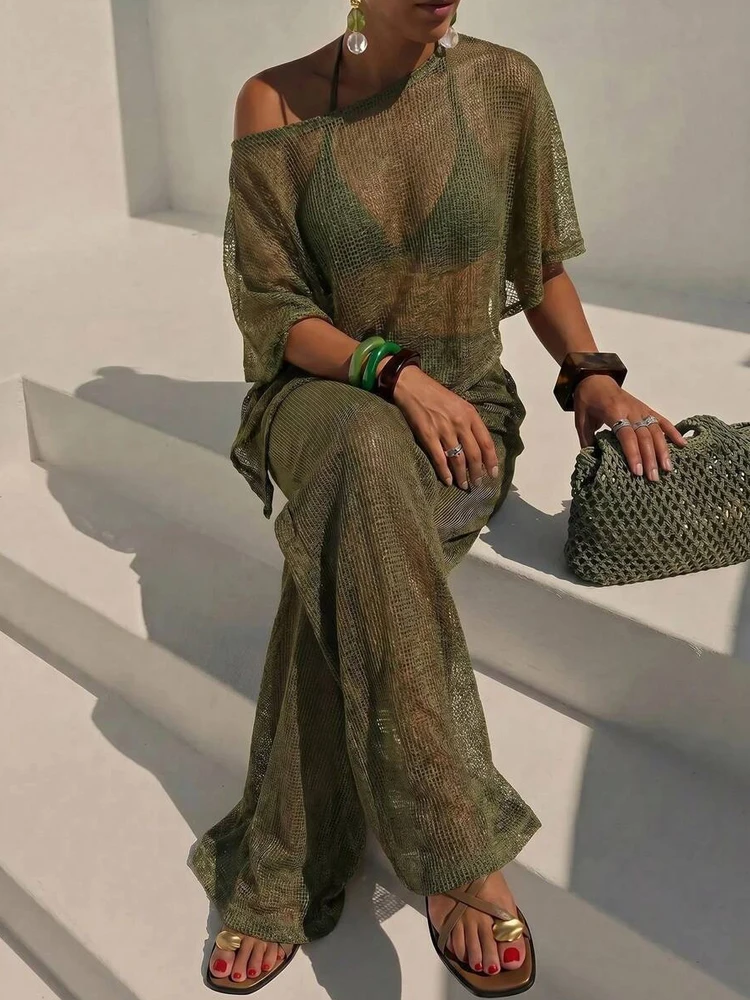 Hot Girl Solid Color Perspective 2 Piece Sets Summer Casual Loose Vacation Sets Sexy Hollow Out Mesh Slash Collar Tops&Pants Set