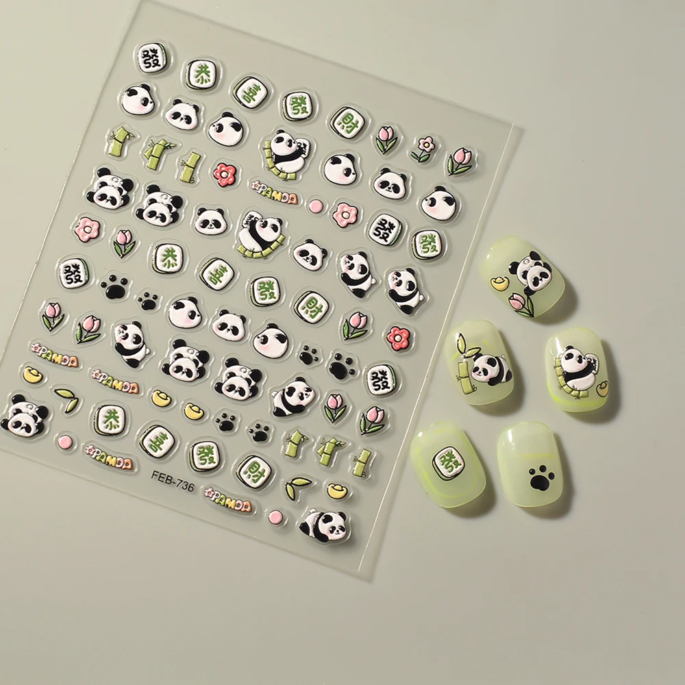 Pegatinas para uñas con diseño de Panda, calcomanías para manicura, FEB-736, 3D, 5D