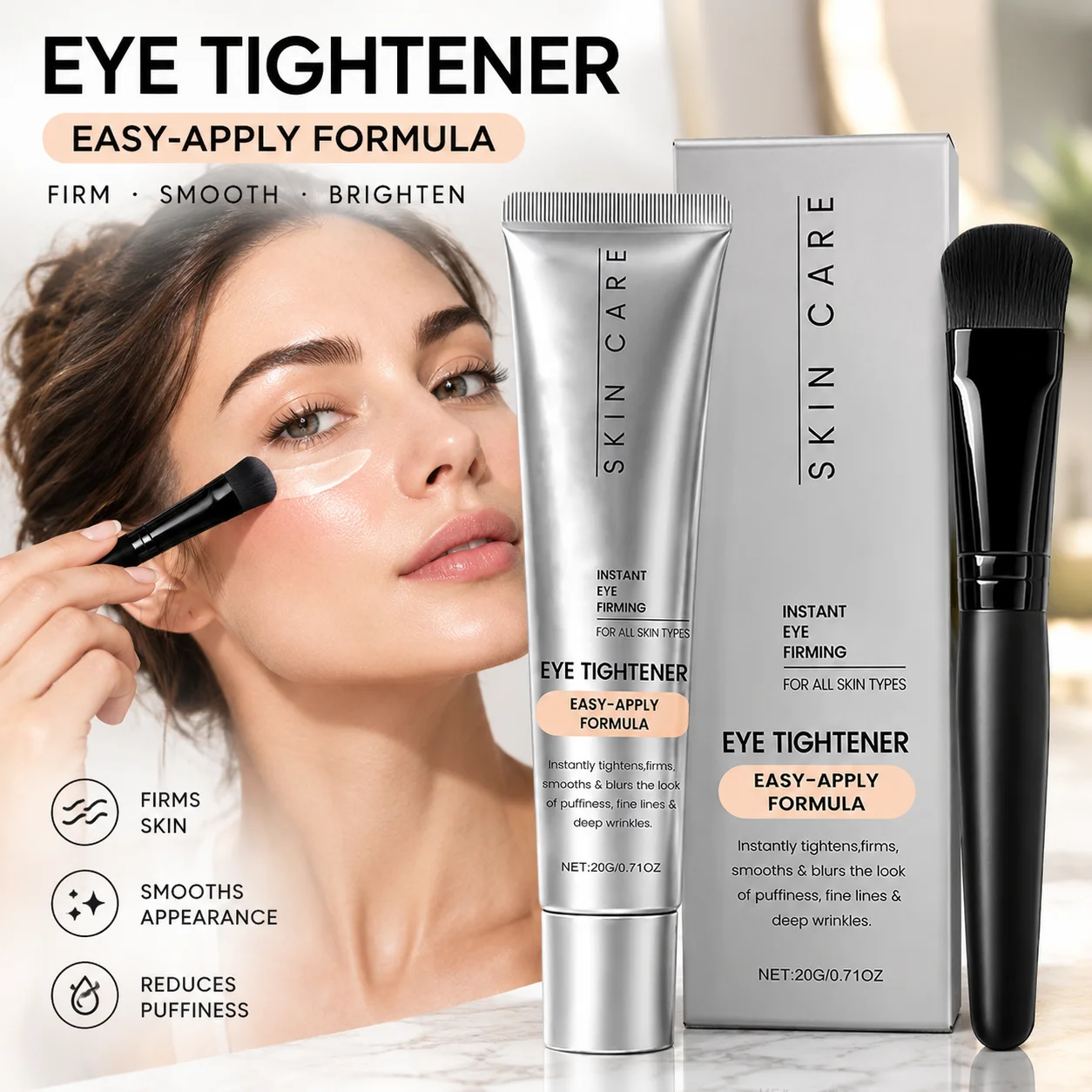 Instant Eye Tightener Cream With Brush,Firm Smooth Skin Reduce Wrinkle& Fine Lines Improve Tired Eye Look Minimize Under Eye Bag