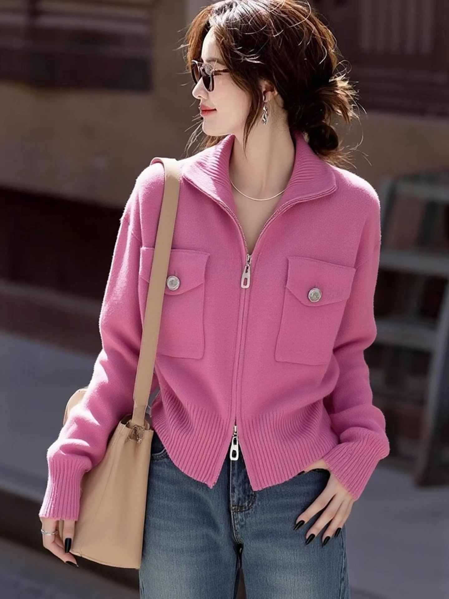 

Double Zipper Knitwear Long Sleeve Turn-down Collar Versatile Casual Winter Top Age-defying Sweater European High-end Brand