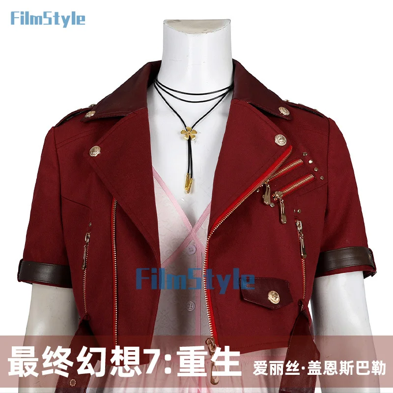 FF7 Adult Aerith Gainsborough Costume Cosplay Final Fantasy Remake Halloween Outfit Fancy Women Red Jacket Pink Dress