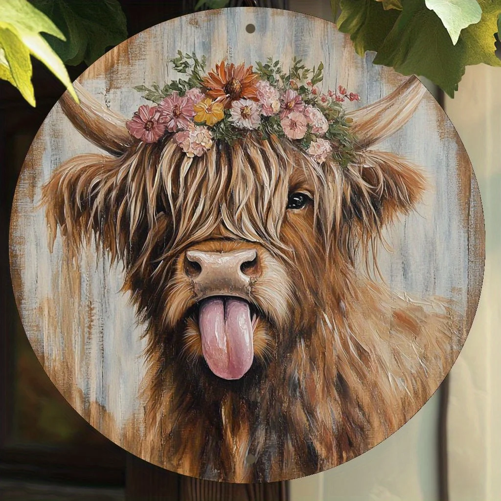 A Round Aluminum Sign with a Scottish Highlands Theme, Featuring High-Definition 2D Artwork. This Vintage Decoration Is Suitable