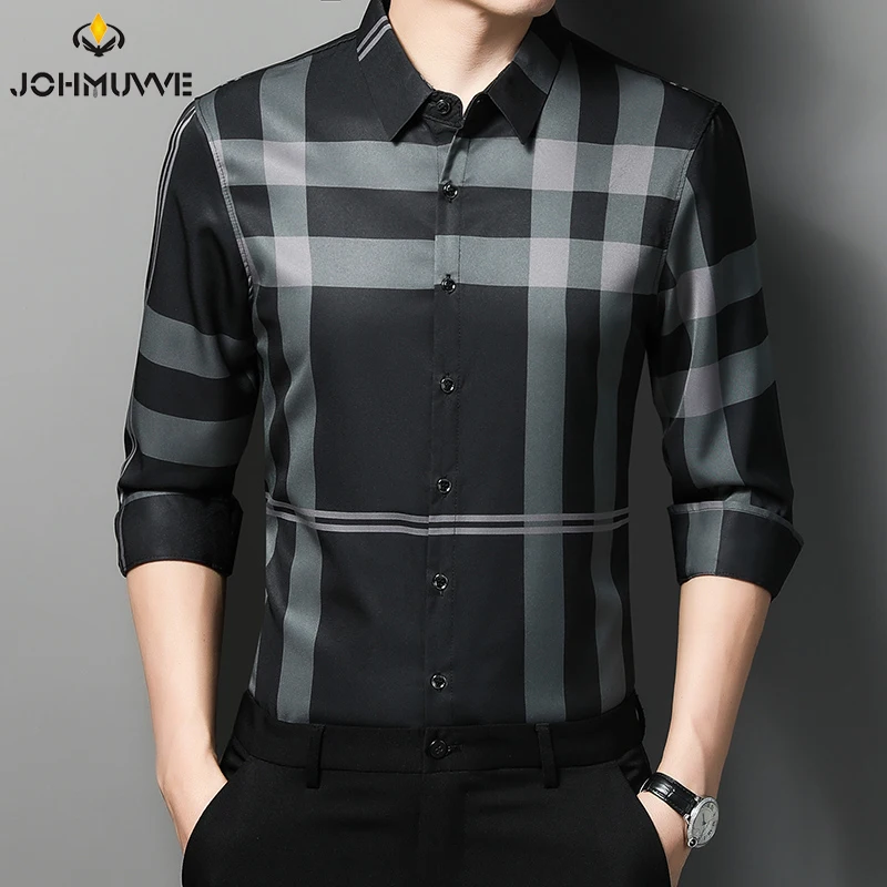 JOHMUVVE Fast Shipping Men\'s New Plaid Striped Long Sleeve Shirt Casual Long Sleeve Top