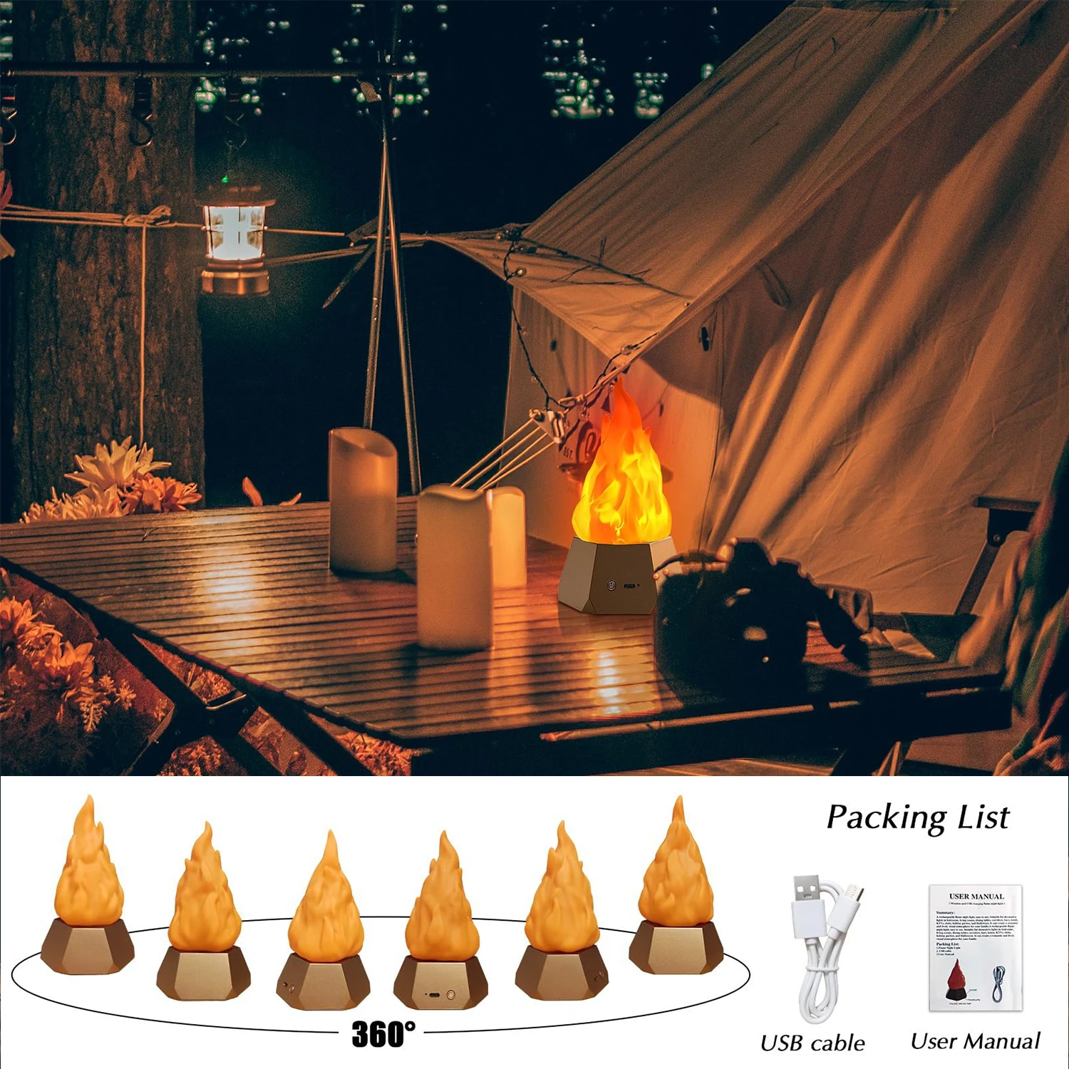 2 Packs Flame Table Light 1200mAh USB Rechargeable 3-Mode LED Lamp for Outdoor Camping Holiday Fake Fire Atmosphere