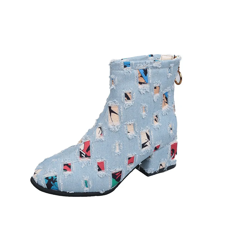 

Fashion 2025 Round Toe Booties Women Denim Leather Ankle Boots Chunky Heel Versatile Casual Wear High Heel Shoes