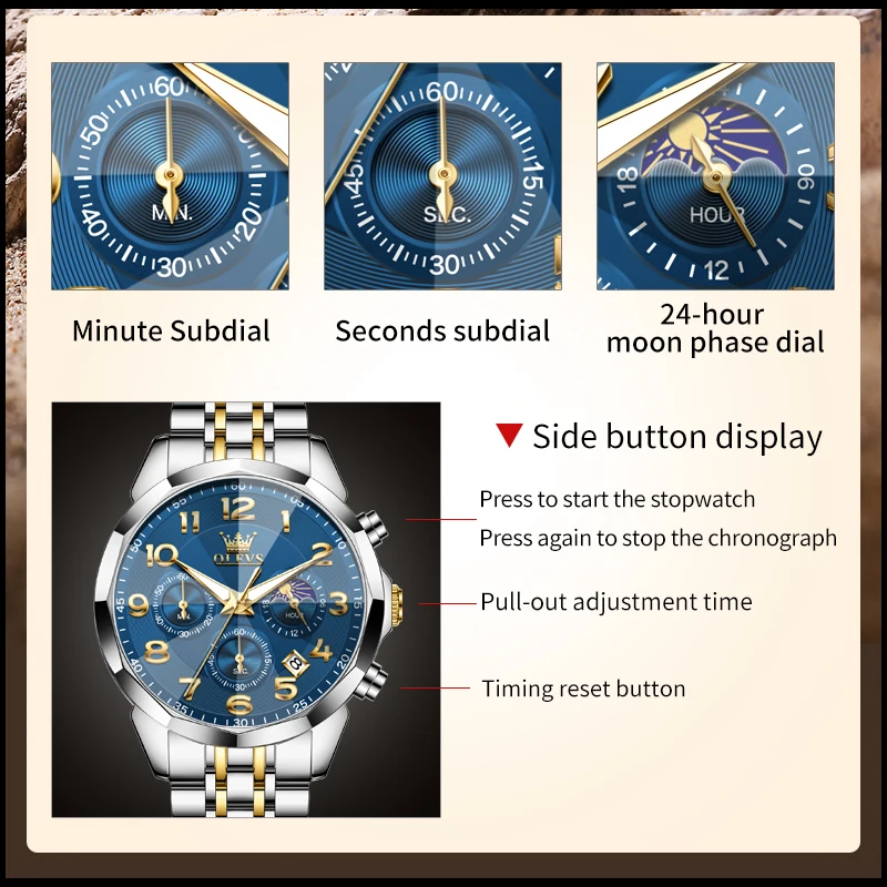 OLEVS 3676  Mens Watch Quartz Watch Multifunctional Chronograph Waterproof Luminous Moon Phase Watch Mens Gifts Original Reloj