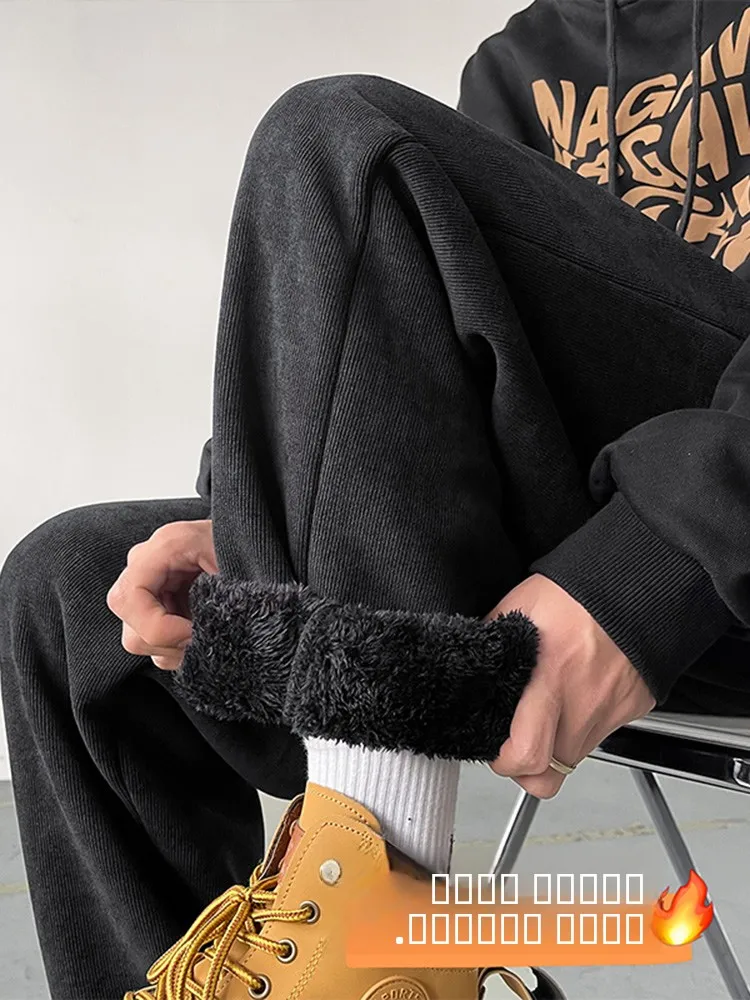 

Extra Thick Lamb Fur Pants Men's Winter Trousers Trendy Brand Cuffed Cold Resistant Cotton Pants American Casual Style
