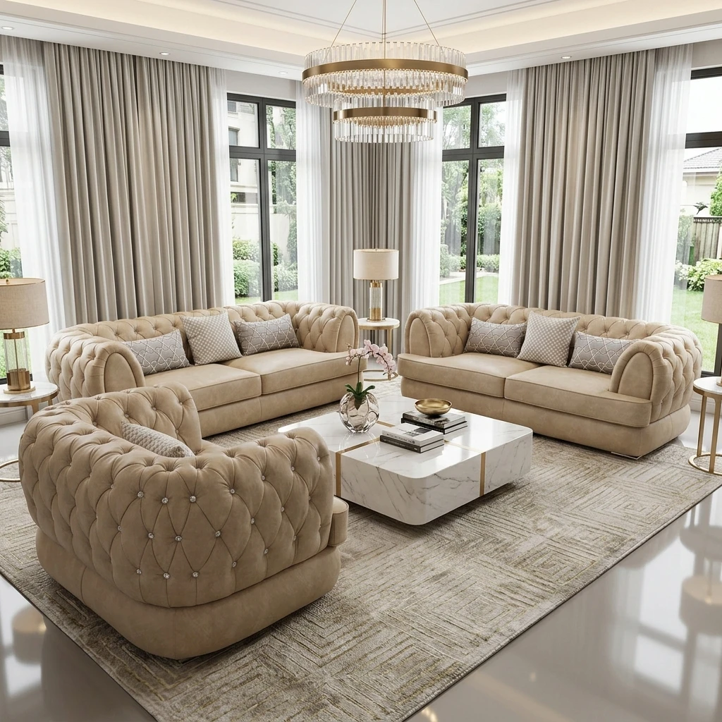 &High End Postmodern Style Villa Sofa Set Fabric Material with Crystal Buttons Tufted for Luxury Living Room