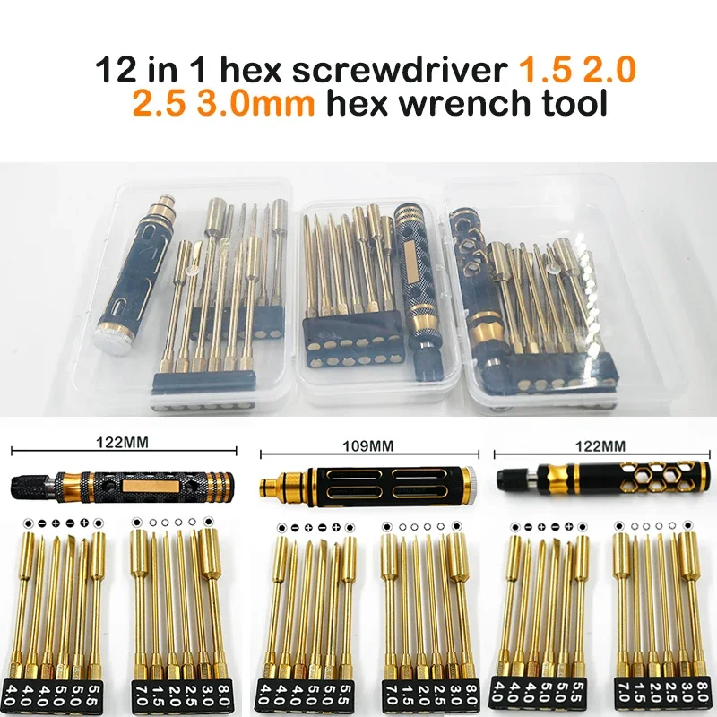 

12 in 1 Hexagon Screwdriver 1.5 2.0 2.5 3.0mm 6.35mm Quick Change Allen Key Hex Screws Wrench Tool for 1/8 1/10 RC Car SCX10 TRX