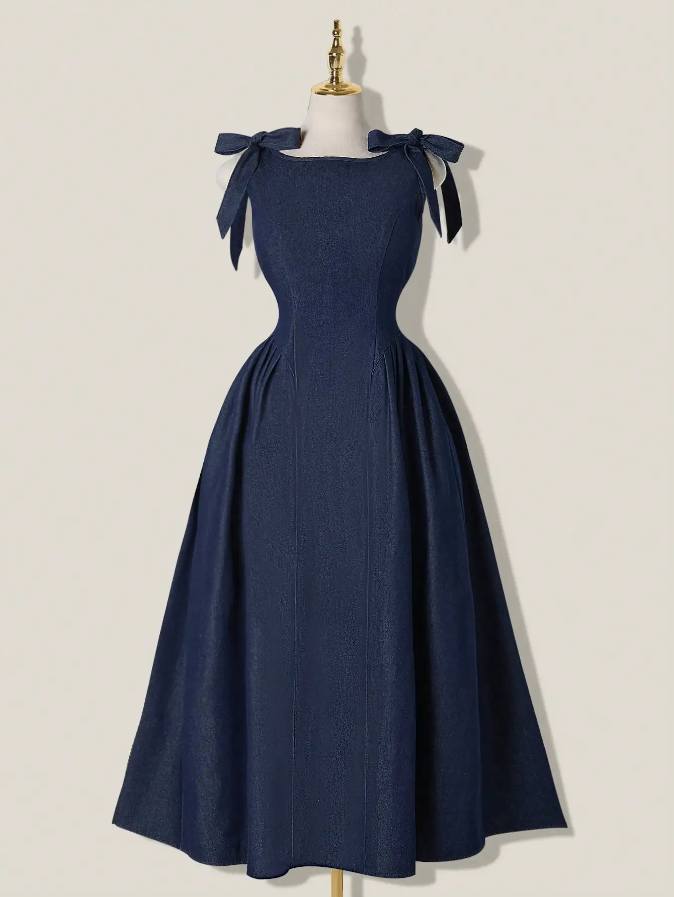 

Navy Blue Sleeveless Denim Midi Dress With Bow Shoulder Straps A-Line Vintage