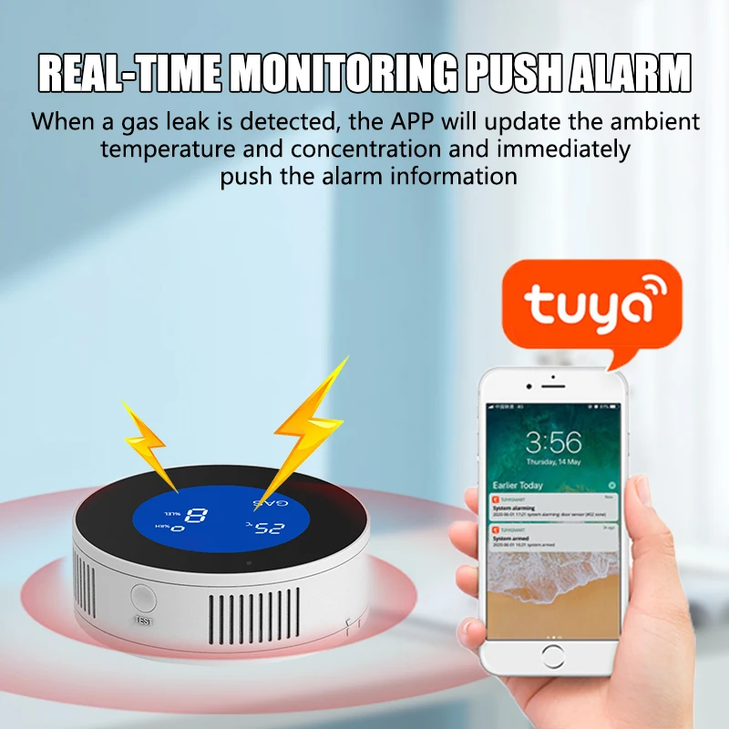 Tuya WiFi Smart Natural Gas Leakage Detector Fire Security Alarm Digital LCD Temperature Display Gas Sensor for Home Kitchen