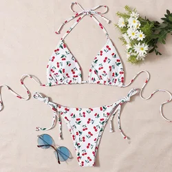 Bikini con estampado de cerezas para mujer, traje de baño de dos piezas con tirantes y cuello Halter, tallas xs-l, 2024