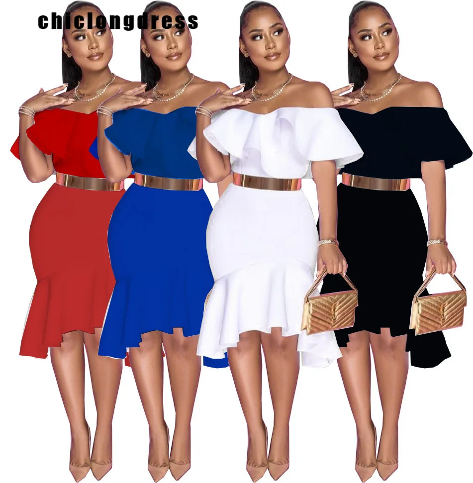 

Summer Elegant Off Shoulder Party Fishtail Dress Women Fashion Sexy Slash Neck Flounce Belt Evening Dress Women