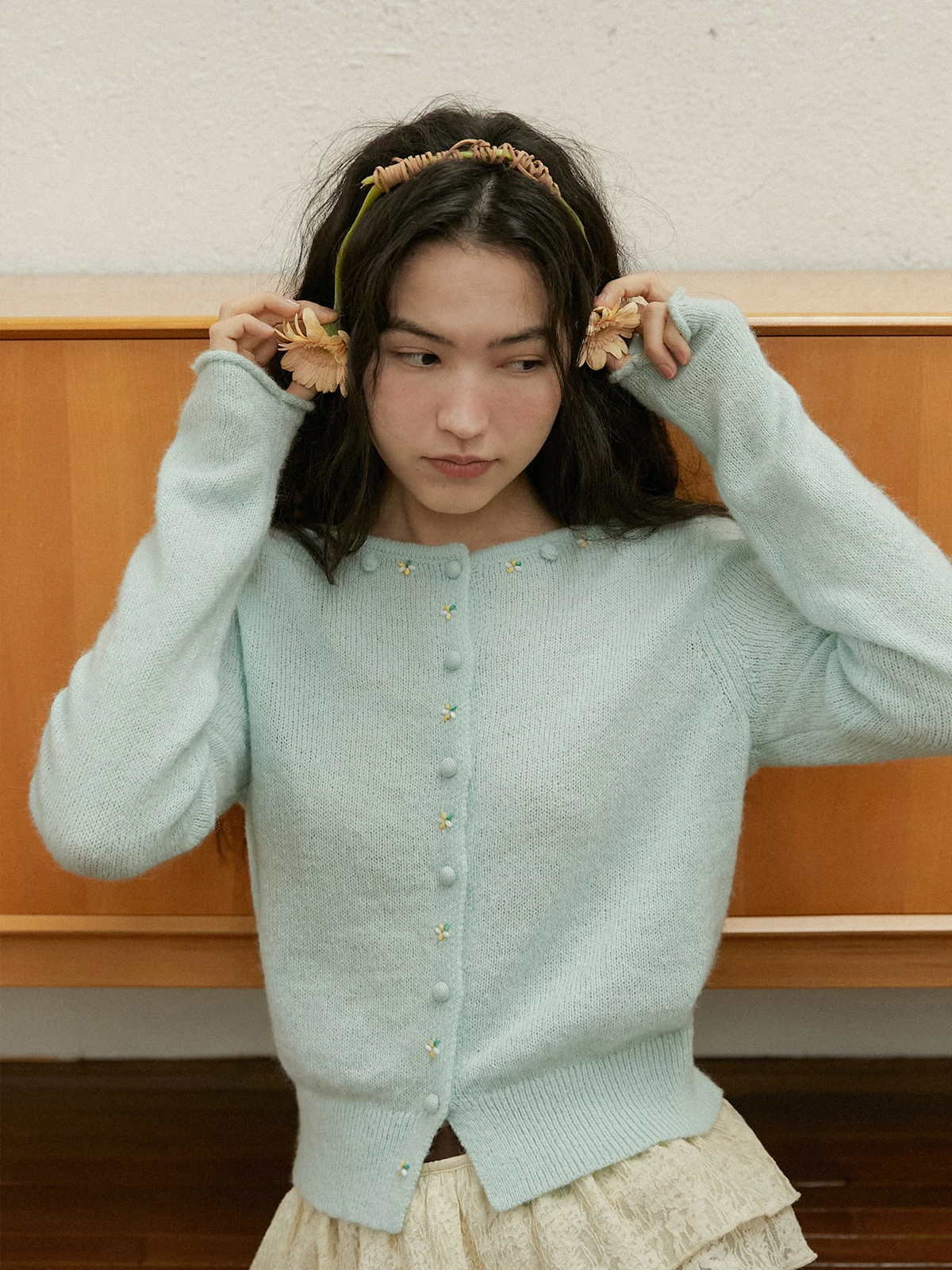 

Ele Knitted Boat Ne Cardigan for Women with Beads Long Sve French Sle Slim Fit Autumn Winter Faion Top