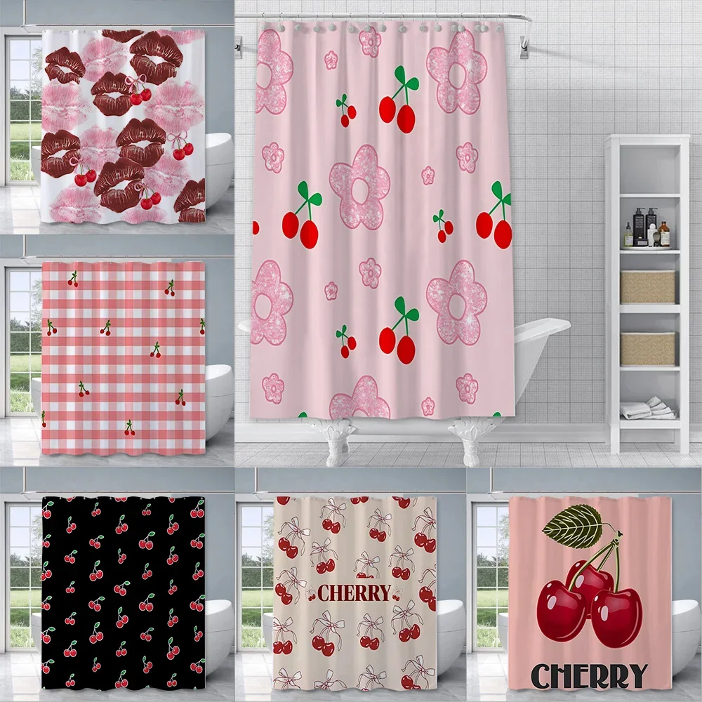 Charming Cherry Shower Curtain - Vibrant Lip & Plaid Designs for Playful Bathroom Décor, Waterproof, Easy Care & Unique Charm