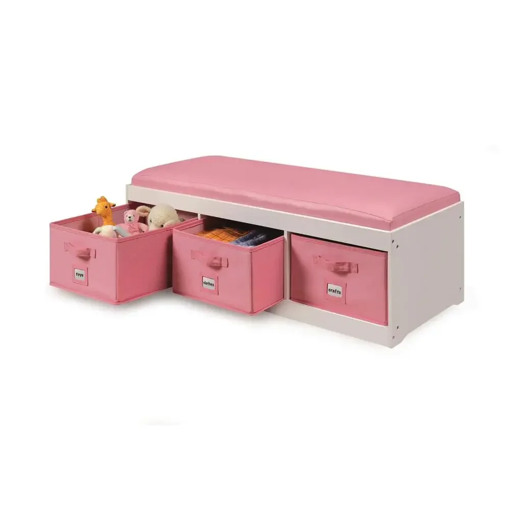 Kids Storage Bench with Cushion and Removable Bins White/Pink Cozy Seat Organizer