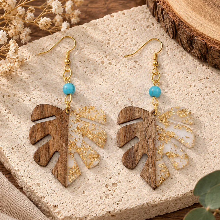 Elegant Wooden Resin Women Earring Star Rectangle Leaf Irregular Pendant Ear Jewelry Outdoor Leisure Female Accessories Trinket
