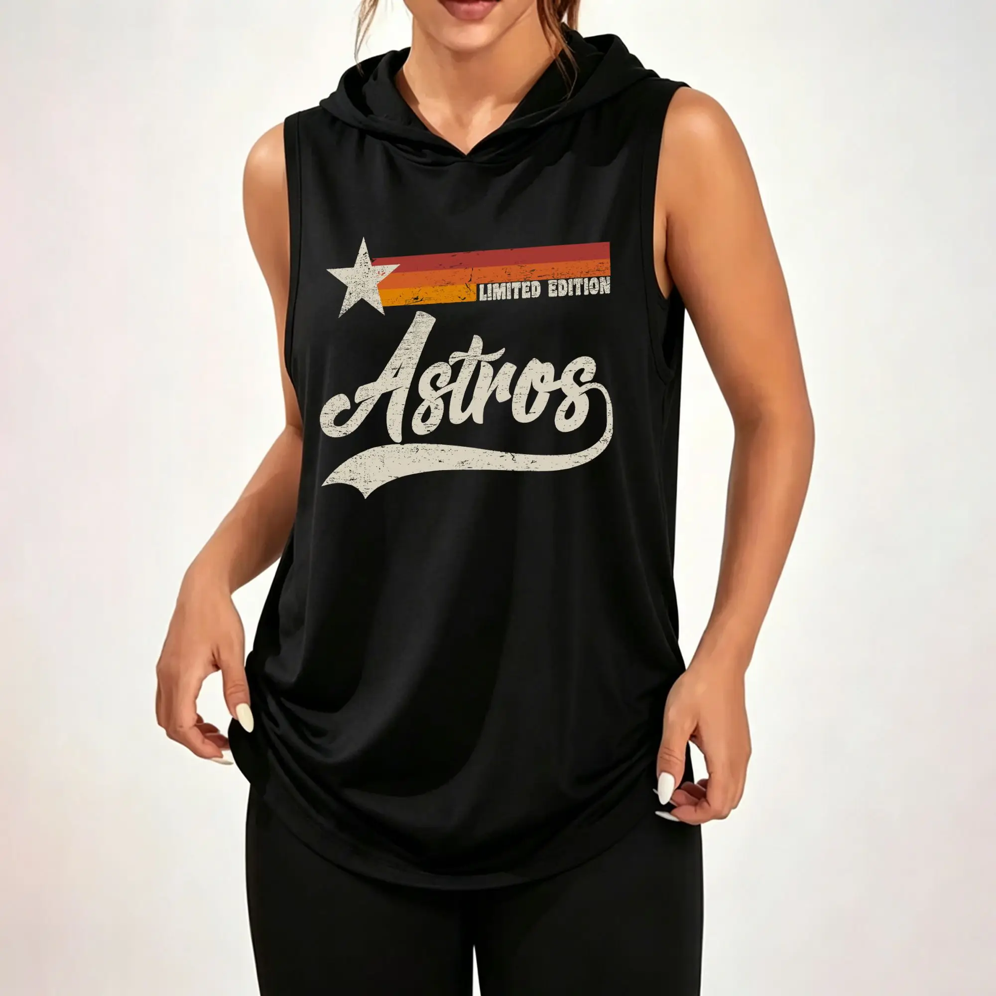 Women Sleeveless Hooded Tank Top Vintage Astros Star Stripe Limited Edition Letter Graphic Print Sleeveless Hood Tank Top ****