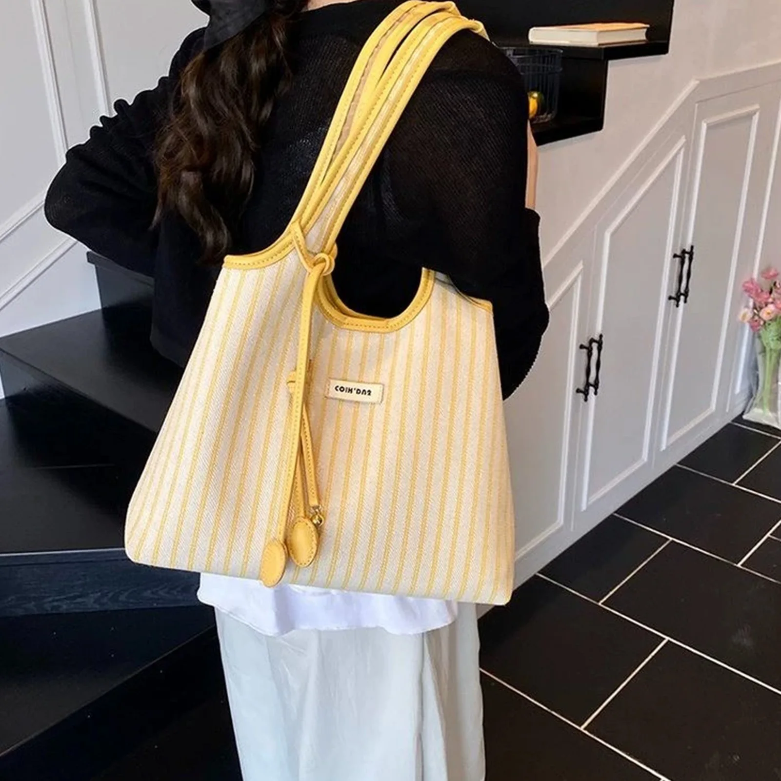 Striped Canvas Tote Bag for Women Large Capacity Shoulder Crossbody Bag Fashion Commute School Bag view 3