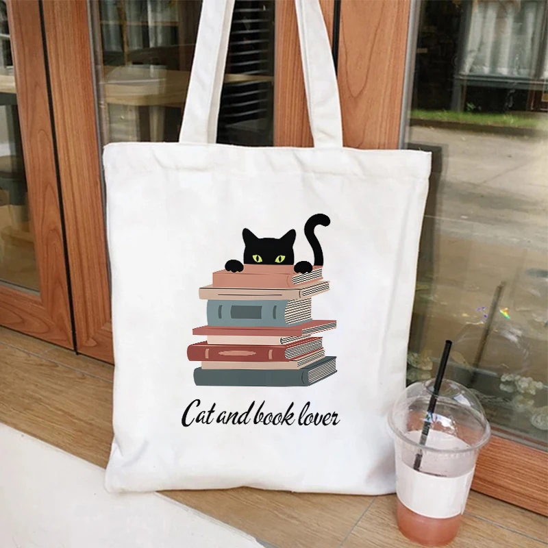 Cat and Book Lover Print Shopping Bag Tote Handbag Shopper Recycle Bag Reusable Tote Black Cat Vintage Handbag Purse for Travel