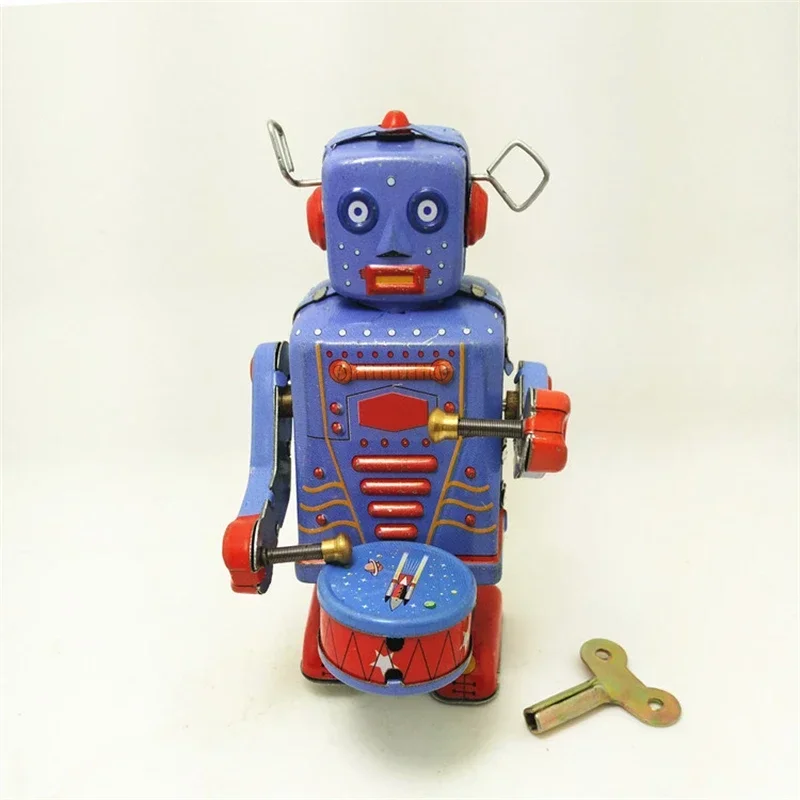 Retro Style Tin Robot Drum Toy Clockwork Toy Model Furniture Decoration Craft Children Gift