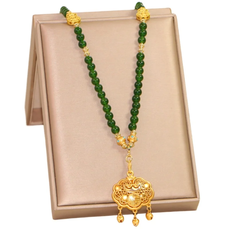 

Ruyi замок зеленый агат новое ожерелье в китайском стиле женское древнее песочное золото замок безопасности кулон свитер цепочка Cheongsam