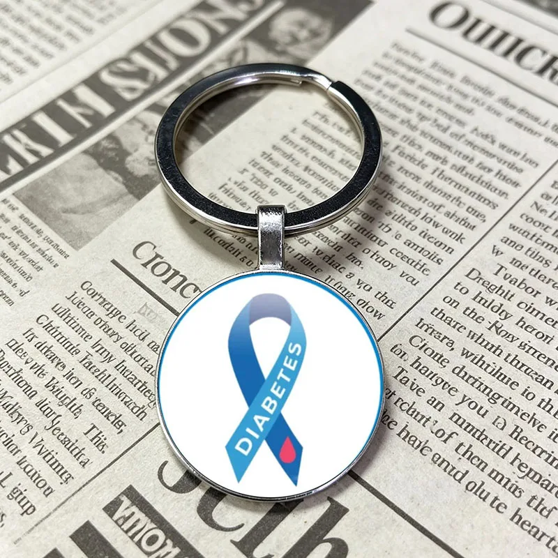 Diabetic Emergency Medical Alert Keychain Disease Warning Glass Cabochon Round Key Ring Health Tag Charm Gift For Men Women