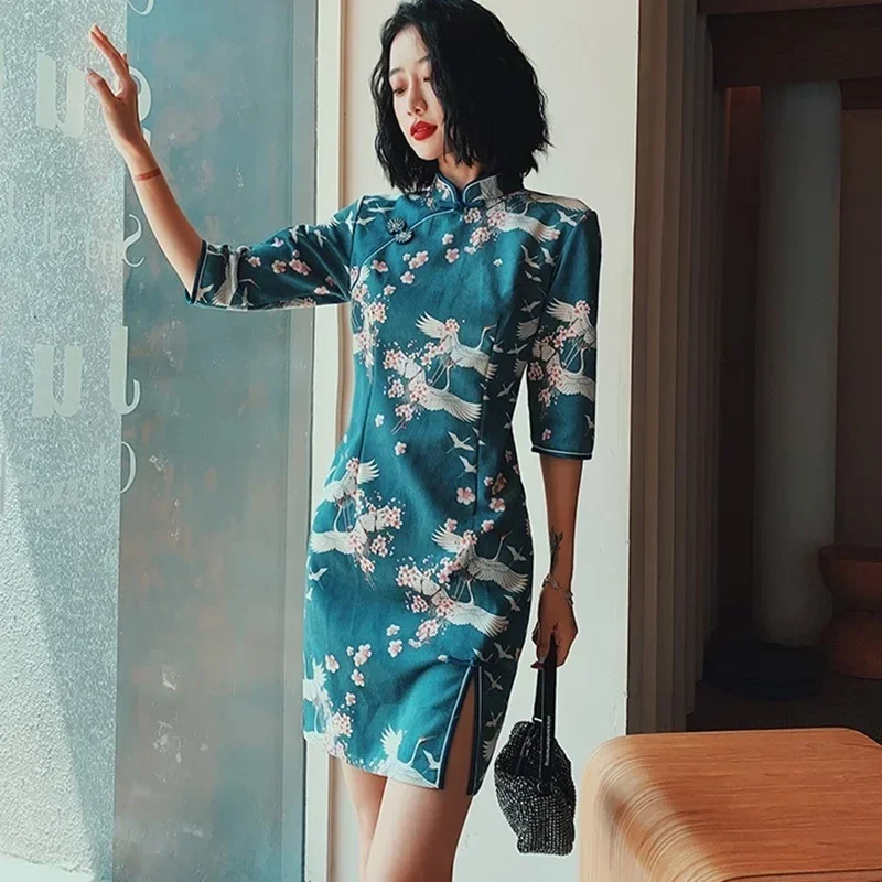 شيونغسام تشيباو كرين طباعة الصينية التقليدية الخريف الآسيوية الشارع الشهير تحسين فستان شرقي 11636 MN1