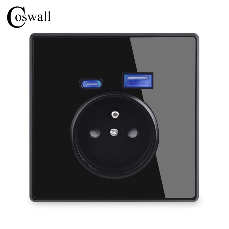 COSWALL Type-C Interface Outlet Full Mirror Crystal Panel Black EU Russia Spain French Standard Wall Socket With USB Charge Port