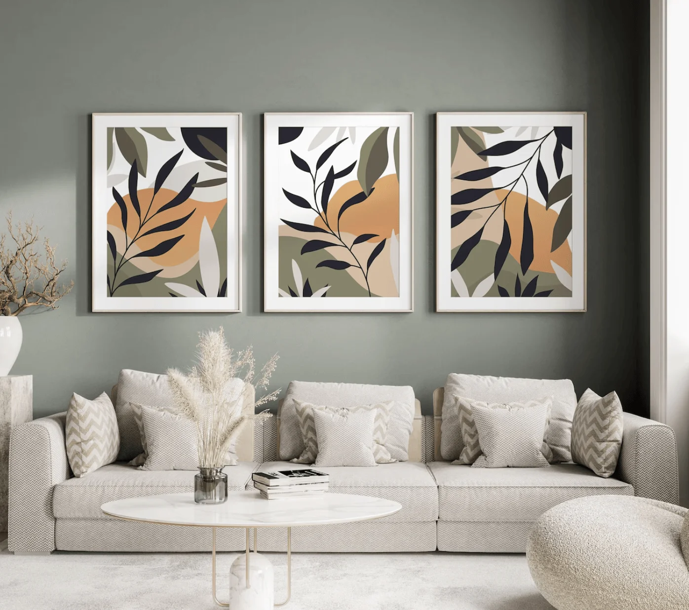 Boho Botanical 3 Panels Wall Art Canvas Prints, Sage Green Plant Posters, Earth Tone Decor for Living Room Bedroom Decor
