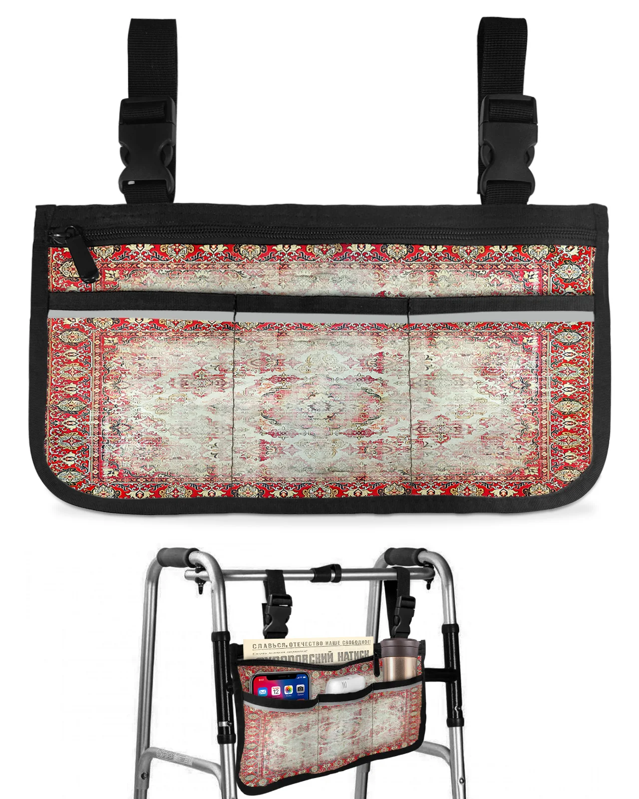 Vintage Flower Indian Bohemia Wheelchair Bag With Pockets Armrest Side Bags Electric Scooter Walking Frame Storage Pouch