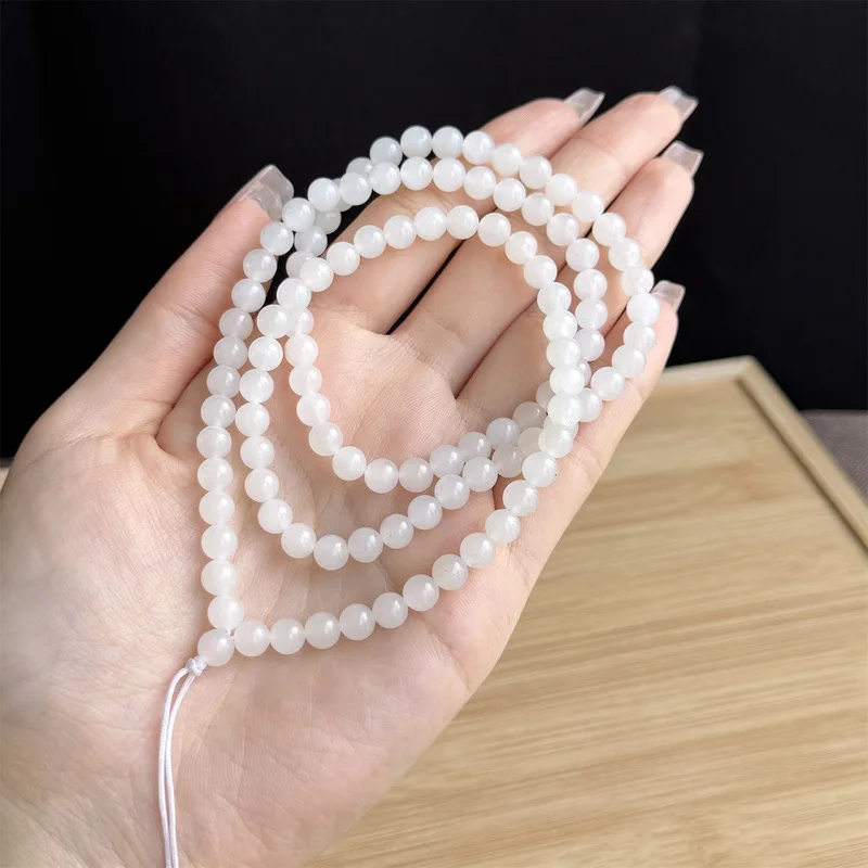 Hetian 108- Chain, Russian Material White Jade 6Mm 108-Bead Multi-Loop Bracelet, Plain Beads