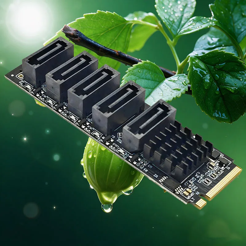 M.2 M Key PCIe 3.0 to 5 Ports SATA 3.0 6Gbps Expansion Card NVME M2 to SATA Riser Adapter with Heat Sink for HDD SSD NAS Storage